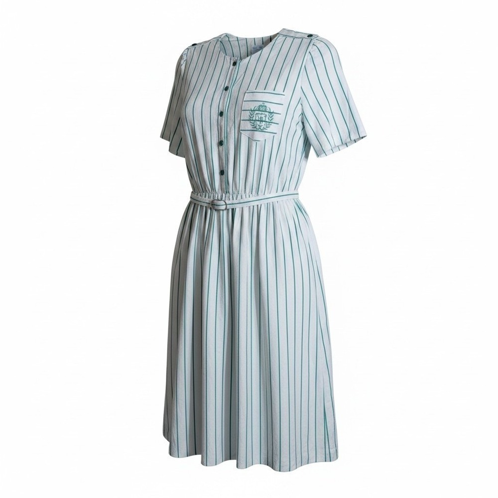 Vintage Lorac Original Green White Striped Crest Belted Midi Dress Womens XL